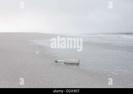 Message in bottle washed up on beach Stock Photo