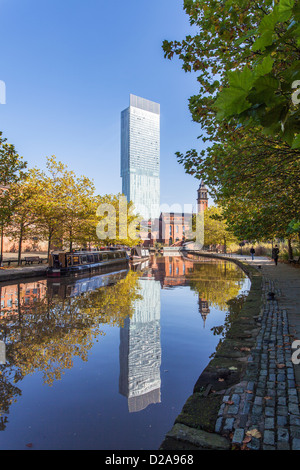 Castlefield, Manchester, England, UK, with canal and reflection of Beetham Tower in background Stock Photo