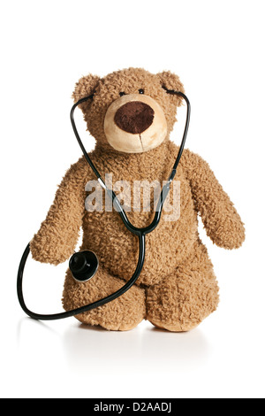 teddy bear with stethoscope on white background Stock Photo