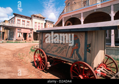 New Mexico, Santa Fe. Eaves Movie Ranch With Wagon Stock Photo