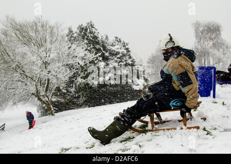 Bristol, UK. 18th Jan, 2013. Sledgers on Brandon Hill, Bristol as a band of snow moved across the country. Stock Photo