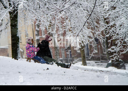 Bristol, UK. 18th Jan, 2013. Sledgers on Brandon Hill, Bristol as a band of snow moved across the country. Stock Photo