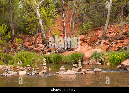 Stacks Of Stones In Oak Creek At Buddha Beach Near Cathedral Rock In West Sedona Arizona Usa