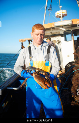 Fisherman holding lobster on boat Stock Photo