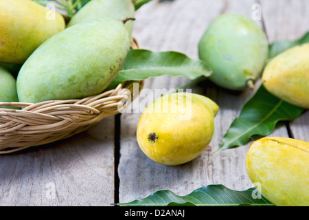 Thai ripe and raw Mangoes in bamboo basket Stock Photo