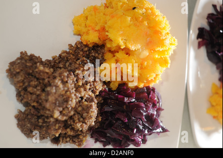 Haggis and swede with red cabbage . Haggis is a Scottish traditional supper served on Burns Night which is the 25th January Stock Photo