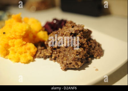 Haggis and swede with red cabbage . Haggis is a Scottish traditional supper served on Burns Night which is the 25th January Stock Photo