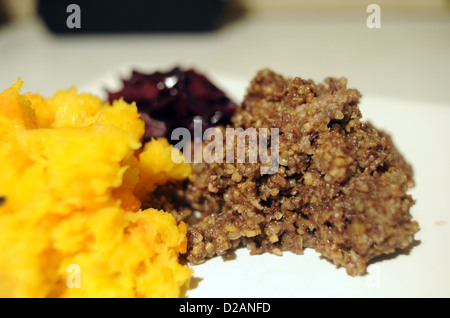 Haggis and swede with red cabbage . Haggis is a Scottish traditional supper served on Burns Night which is the 25th January Stock Photo