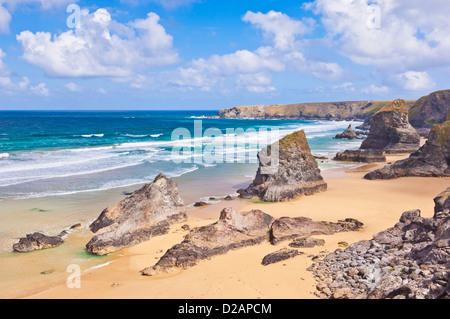 Bedruthan Steps and beach at low tide North Cornwall England UK GB EU Europe Stock Photo