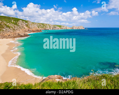 Empty Porthcurno beach on a summers day Cornwall England GB UK Europe Stock Photo