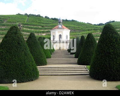 (dpa FILE) An archive picture, dated 3 September 2010, shows a view of the park of Wackerbarth with Belvedere against the backdrop of vineyards in Radebeul, Germany, 03.09.2010. Wackerbarth winery is the first vinyard experience attraction of Europe. Photo: Franz-Peter Tschauner Stock Photo