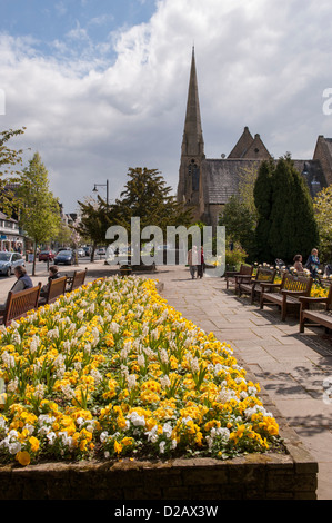 People relax by bright colourful spring flowers blooming in flowerbeds on sunny high street in scenic town - The Grove, Ilkley, Yorkshire, England, UK Stock Photo