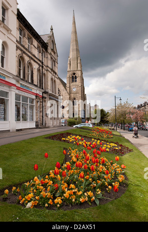Bright, colourful spring flowers blooming in flowerbeds by shops on high street in scenic town centre - The Grove, Ilkley, Yorkshire, England, UK. Stock Photo