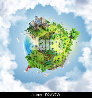 globe concept showing a green, peaceful and idyllic life style in the world in a cartoony style Stock Photo