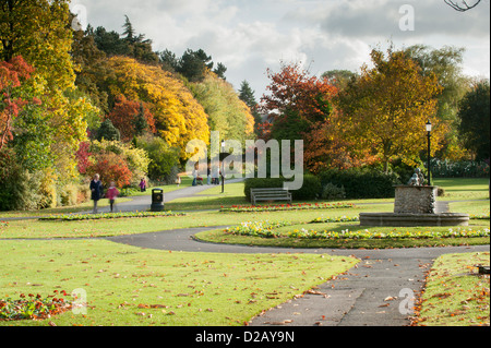 Beautiful landscaped park in autumn with bright colourful leaves on trees, fountain & people relaxing - Valley Gardens, Harrogate, Yorkshire, England. Stock Photo