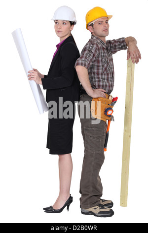 young female architect and carpenter Stock Photo