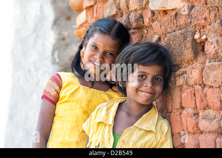 Smiling happy rural Indian village girls selective focus. Andhra Pradesh, India Stock Photo