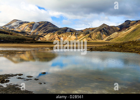 The rainbow rock of Landmannalaugar is reflected in a still lake under a cloudy sky, Iceland. Stock Photo