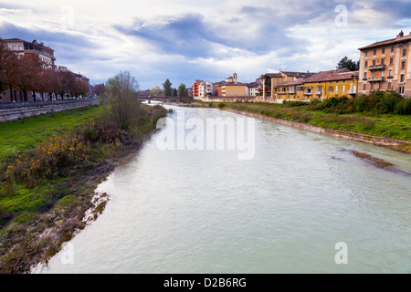 view of Parma river and Ponte Verdi in autumn day, Italy Stock Photo