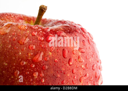 Red Braeburn apple with water drops on white background