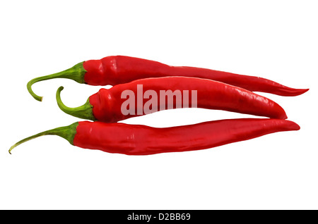 Three red chili peppers isolated on white background Stock Photo