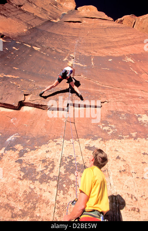 Utah. Indian Creek. Battle Of The Bulge Buttress. Rock Climbing. Stock Photo