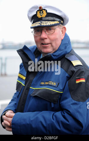 Commodore Georg von Maltzan stands on deck of the frigate 'Hessen' before it leaves the naval base in Wilhelmshaven, Germany, 19 January 2013. For the first time, the frigate is flagship of a Nato task force. Photo: Carmen Jaspersen Stock Photo