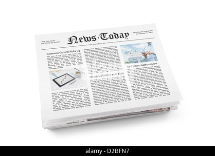 A stack of newspapers with headline 'News Today' and some article with information. Isolated on white. Stock Photo