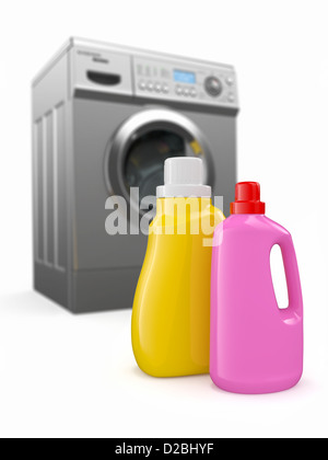 Washing machine and detergent bottles on white backround. 3d Stock Photo