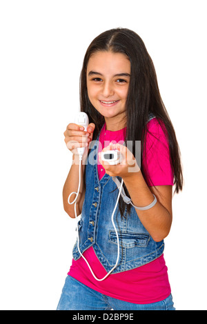 A teenage girl playing video game, isolated on white background Stock Photo