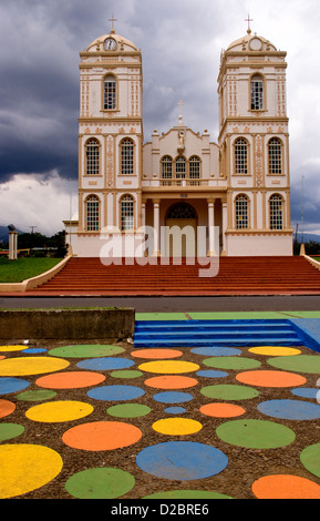 Old Cathedral Church And Painted Dots On Pavement In Sarchi Norte In Costa Rica. Stock Photo