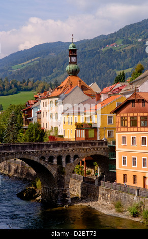 Town Of Murau, Austria Downtown And Churches And Mur River Stock Photo