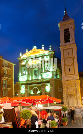 Vieux Nice St Reparate Cathedral and restaurant on Place Rossetti Alpes-Maritimes Cote d'Azur French Riviera Provence France Stock Photo