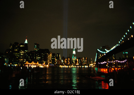 New York City. Post 9/11/01 World Trade Center Memorial. Towers Of Light Viewed From Brooklyn. Stock Photo
