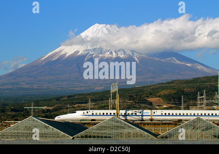 Mount Fuji and Tokaido Shinkansen series N700 Shizuoka Japan Stock Photo