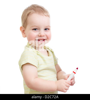 Child with red tip pen isolated on white Stock Photo