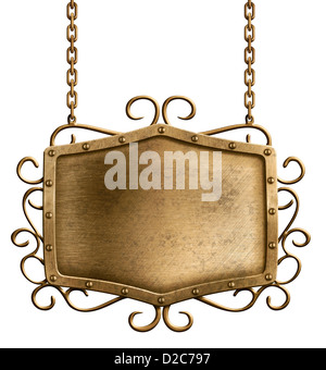 bronze metal signboard hanging on chains isolated Stock Photo