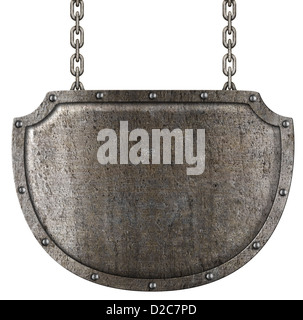 medieval metal signboard hanging on chains isolated on white Stock Photo