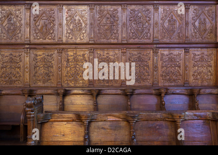 Wooden panels depicting scenes from the life of the Virgin Mary, Collegiale Notre-Dame d'Ecouis, Ecouis, Upper Normandy, France Stock Photo