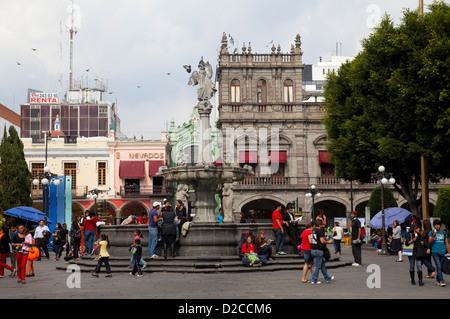 Zocalo - Central square with Arcangel Michael Fountain in Puebla town - Mexico Stock Photo