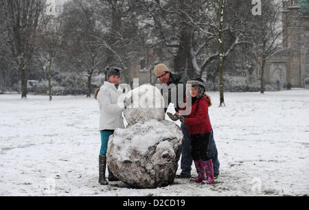 Brighton Sussex UK 20 January 2013 - A family enjoy building a snowman in Victoria Gardens Brighton Stock Photo