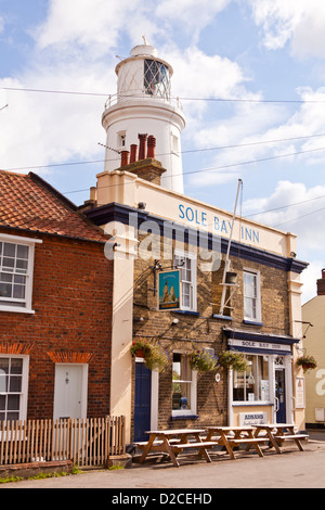 Sole bay inn and lighthouse in the town of Southwold, Suffolk, England. Stock Photo