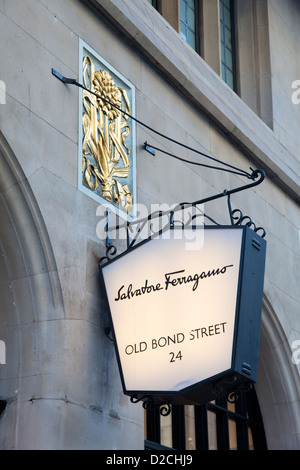 Sign , Salvatore Ferragamo, 24 Old Bond Street, London, UK. Italian fashion ware retailer. Stock Photo