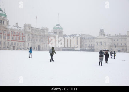 London, UK. Sunday 20th January 2013. Snow fall covering Horse Guards Parade. People come out to enjoy this winter scene. Stock Photo