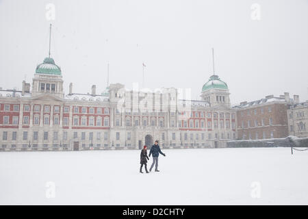 London, UK. Sunday 20th January 2013. Snow fall covering Horse Guards Parade. People come out to enjoy this winter scene. Stock Photo