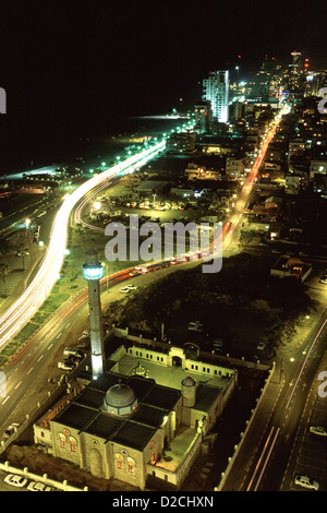 Aerial view of Hassan Bek mosque also known as the Hasan Bey Mosque built in 1916 located between Neve Tzedek neighborhood and the Mediterranean Sea, at the seafront in Tel Aviv Israel Stock Photo