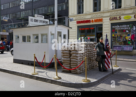 The site known as 'checkpoint Charlie' is now a tourist attraction where visitors can pay to have their pictures taken Stock Photo