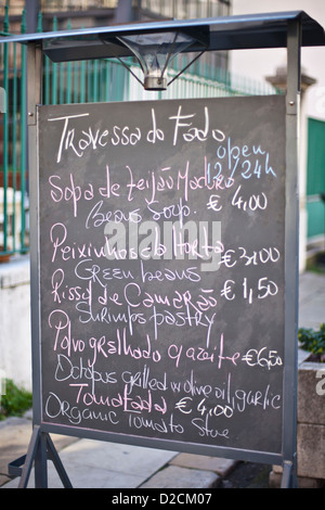 Portuguese menu at Travessa do Fado restaurant in Lisbon, Portugal. Stock Photo