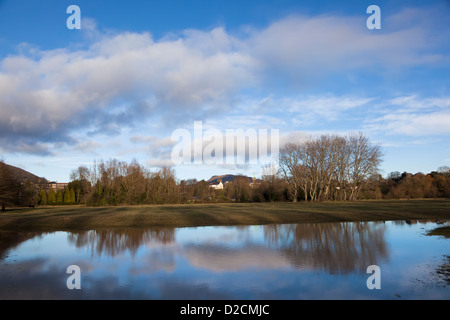 Abergavenny from Castle Meadows with the castle ruins on the right skyline, Wales, UK Stock Photo