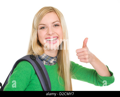 Smiling student girl showing thumbs up Stock Photo